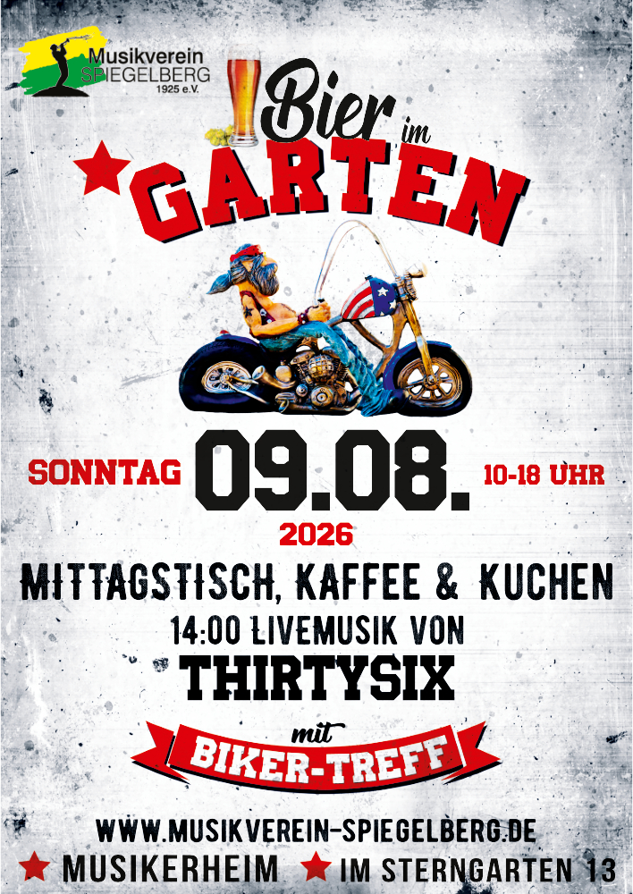 Einladung des Musikvereins Spiegelberg zu Bier im Garten mit Bikertreff 09.08.2026